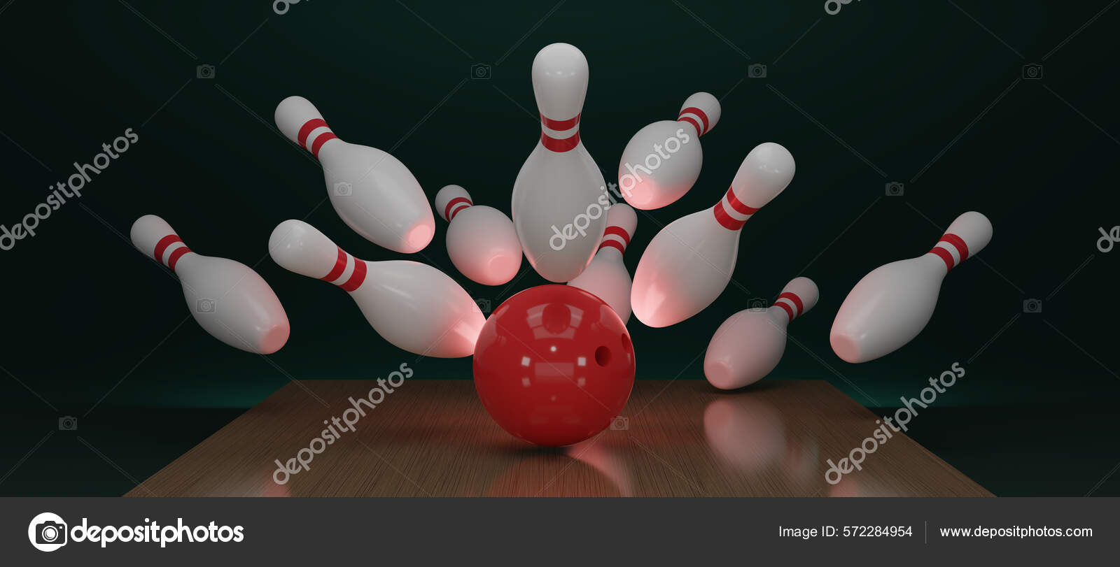 Bola de boliche vermelha e skittles brancos espalhados isolados em fundo  preto conjunto de jogos renderização 3d