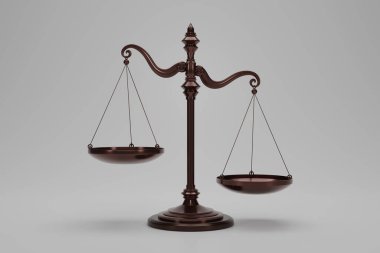 Üç boyutlu koyu pirinç denge terazisini beyaz arkaplanda izole eder. Eğik pullar. Adaletsizliğin ölçeği, hukukun sembolü ve adaletsizliğin konsepti. 3d resimleme.