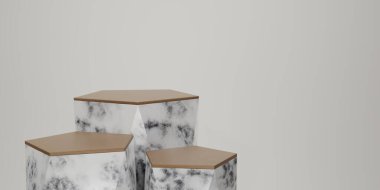 3 boyutlu canlandırma geometrik podyum. beyaz ve gri mermer altıgen küp, kare podyum beyaz zemin. Konsept sahne gösterisi, ürün, promosyon satışı, afiş, sunum, kozmetik. 3B görüntüleme.