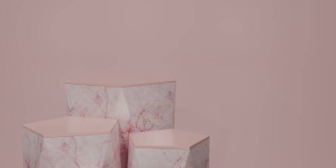 3 boyutlu canlandırma geometrik podyum. beyaz ve pembe mermer altıgen küp, kare podyum pembe arka planda. Konsept sahne gösterisi, ürün, promosyon satışı, afiş, sunum, kozmetik. 3B görüntüleme.