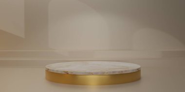 Silindir kaidesinin üstünde beyaz mermer olan parlak altın ya da bej renkli stüdyo arka planında podyum. Ürün göstermek için boş ekran. Uzayı kopyala Gösteri için minimalist bir model. 3B görüntüleme.