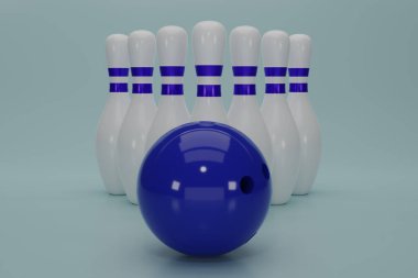 3D Render Blue Bowling topu açık mavi arka planda lobutlara çarpıyor. Başarı kavramı ve kazanmak. 3B resimleme.