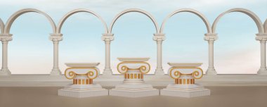 Roma sütunlarında ve mavi gökyüzünde klasik bej sütunlar sergileniyor. Ürün göstermek için klasik iç mermer mimarisi. Sütunları olan antik Yunan mimarisi. 3d oluşturma.