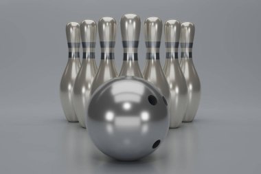 3D gümüş bowling topu açık gri arka planda lobutlara çarpıyor. Başarı kavramı ve kazanmak. 3B resimleme.