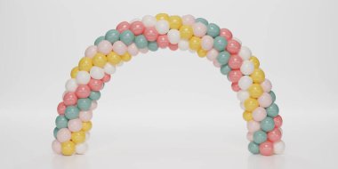 3D renkte Pastel renginde balon kemer girişi. Beyaz, Pembe ve Yeşil Balonlar Arc, Gate veya Portal şeklinde beyaz arka planda. 3d Resim Hazırlama.