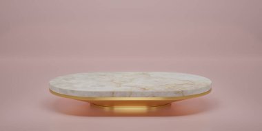 Beyaz mermer oval kaidesi olan parlak altın ya da stüdyoda podyum. Ürünü göstermek için bla show ya da temizlik odası. Uzayı kopyala Podyum gösterisi ya da vitrin için minimalist bir model. 3B görüntüleme.