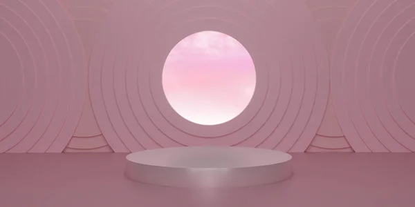 新粉色圆形基座与粉红的天空在工作室的背景 粉色空白显示或清洁房间 用于展示产品 平台展示或展示的最低限度模型 3D渲染 — 图库照片