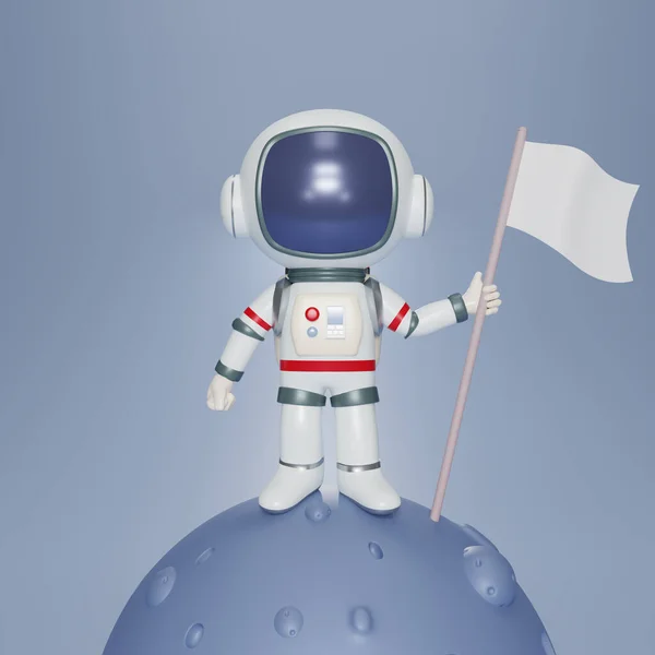 3D render spaceman astronaut standing on moon , cartoon character astronaut  on a tiny planet in space and and holding a flag in hand. The rocket landing in the universe. 3d rendering illustration.