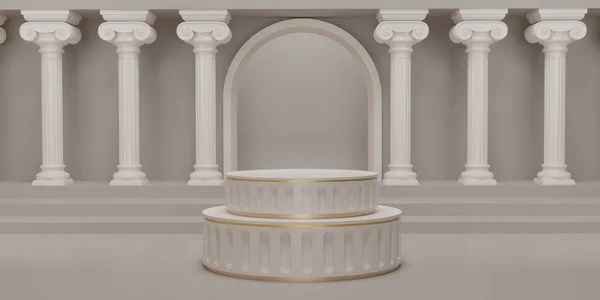 3D render Classic beige pillars pedestal on roman columns backdrops. classical interior marble architecture for showing product. Ancient greek architecture with pillars. 3d rendering.