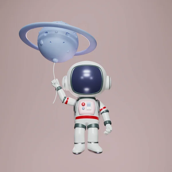 3Dレンダリング宇宙飛行士は土星製の気球を保持しています 小さな惑星で宇宙に浮かぶ漫画のキャラクター宇宙飛行士 3Dレンダリング図 — ストック写真