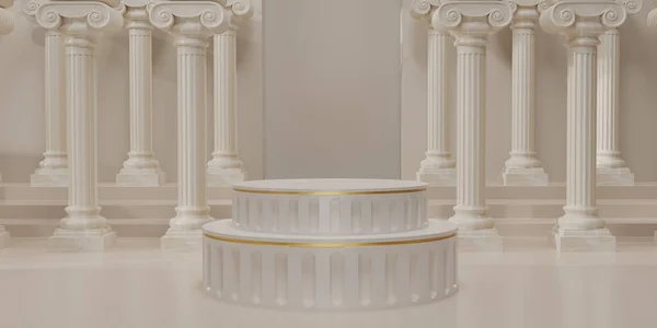 3D render Classic beige pillars pedestal on roman columns backdrops. classical interior marble architecture for showing product. Ancient greek architecture with pillars. 3d rendering.