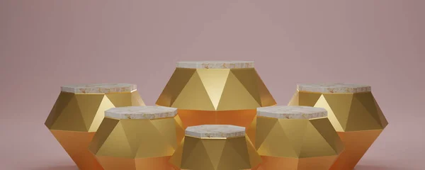 Render Gold Hexagon Cube Golden Diamond Pedestal Podium Marble Top — Stock Photo, Image