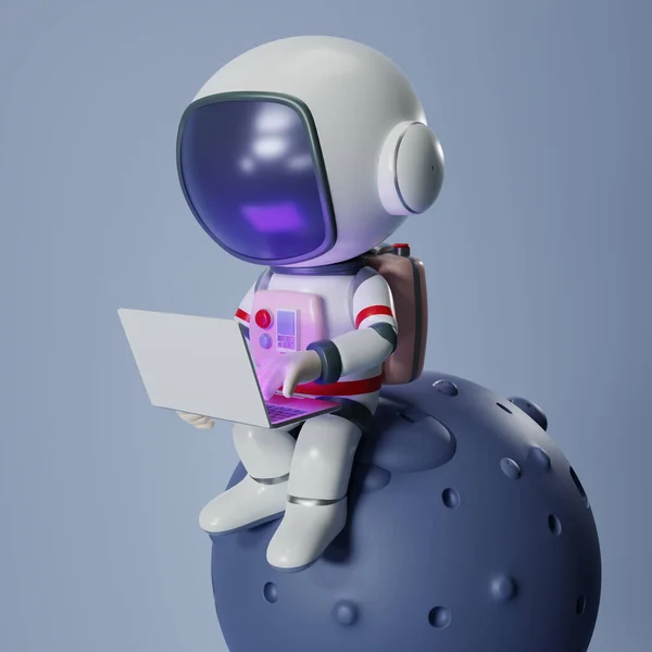 3D render  Astronauts work on laptops sitting on planets. Spaceman on the moon, cartoon character astronaut on a tiny planet in space, and holding the laptop in hand. 3D rendering illustration.