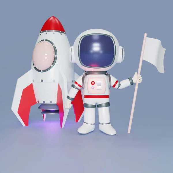 3Dレンダリング宇宙飛行士は 地上に駐車ロケットで月面に立っている宇宙飛行士 宇宙の小さな惑星に漫画のキャラクターの宇宙飛行士をレンダリングし 手にフラグを保持します 3Dレンダリング図 — ストック写真
