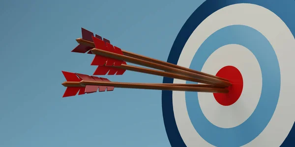 3D render Arrow hit the center of the target on a dartboard on blue background. Minimal target with arrows. Business finance target concept. 3d rendering illustration.