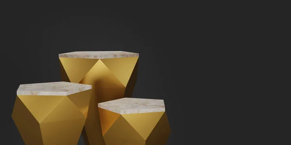 3D渲染黄金六角形立方体 一个正方形平台 顶部白色大理石黑色背景 概念场景展示 化妆品 3D渲染 — 图库照片