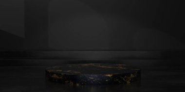 Stüdyo arkaplanlarında altın desenli mermer kürsü. Karanlık boş ekran ya da ürün göstermek için temiz oda. Uzayı kopyala Podyum gösterisi ya da vitrin için minimalist bir model. 3B görüntüleme.