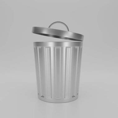 Beyaz arkaplan, çevre konsepti, atık ve koruma alanlarında üç boyutlu boş gümüş metal çöp simgesi karikatür simgesi oluşturun. Çöp kutusu simgesini geri dönüştür. 3d resimleme.