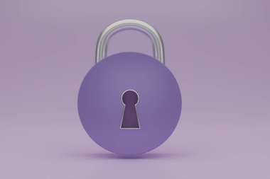 Açık mor arkaplanda 3 boyutlu mor metal asma kilit simgesi izole edildi. Minimum morumsu kilit. 3d resimleme.