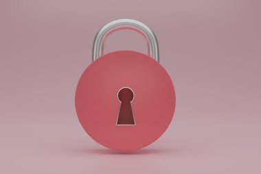 Açık pembe arkaplanda 3 boyutlu pembe metal asma kilit simgesi izole edildi. Minimum pembe kilit. 3d resimleme.
