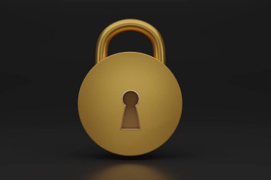 Siyah arkaplanda 3 boyutlu altın asma kilit simgesi izole edildi. Minimum altın kilit. 3d resimleme.