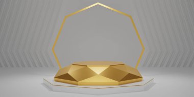 Altın altıgen küp, altın elmas kaide kürsüsü, beyaz tabanlı beyaz oda. Konsept sahne gösterisi, ürün, promosyon satışı, afiş, sunum, kozmetik. 3B görüntüleme.