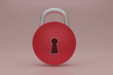 Açık pembe arkaplanda 3 boyutlu kırmızı metal asma kilit simgesi izole edildi. Minimum kırmızı kilit. 3d resimleme.