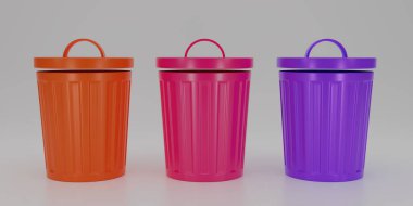 Beyaz arkaplan, çevre konsepti, atık, koruma alanlarında 3 boyutlu boş turuncu, pembe, mor çöp ikonu karikatür çizimi. Çöp kutusu simgesini geri dönüştür. 3d resimleme.