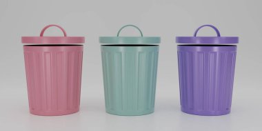 Beyaz arkaplan, çevre konsepti, atık, koruma alanlarında 3 boyutlu boş pembe, yeşil, mor çöp ikonu karikatür çizimi. Çöp kutusu simgesini geri dönüştür. 3d resimleme.
