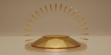 Altın altıgen küp, sarı odada altın elmas kaide kürsüsü. Konsept sahne gösterisi, ürün, promosyon satışı, afiş, sunum, kozmetik. 3B görüntüleme.