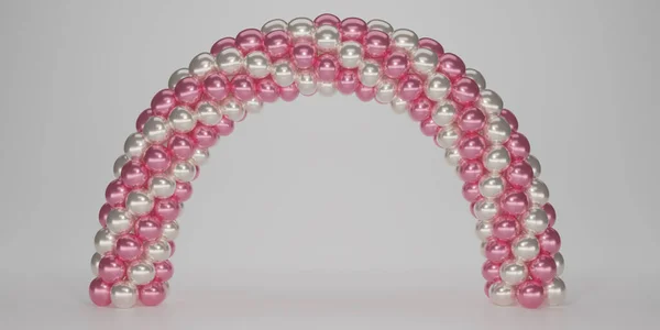 3D render balloon arch entrance. Metallic White, and Pink Balloons in the Shape of Arc, Gate, or Portal on a white background. 3d Rendering illustration.