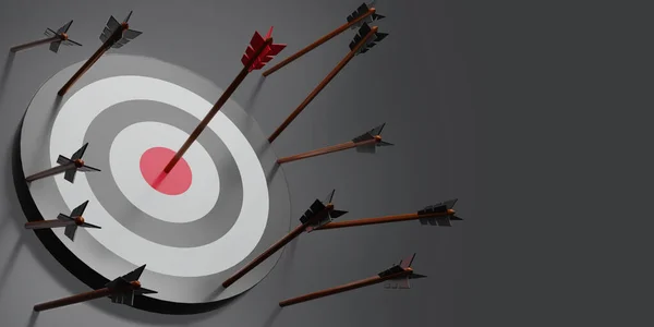 3D render one Arrows hit the center of the target on a dartboard on dark background. Minimal target with arrows. Business finance target concept. 3d rendering illustration.