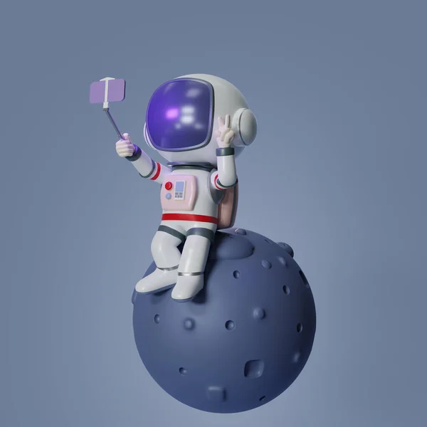 3D render  Astronaut Spaceman takes a selfie on a planet in space. Cartoon character astronaut on a tiny planet in space, and holding the smartphone in hand. 3D rendering illustration.