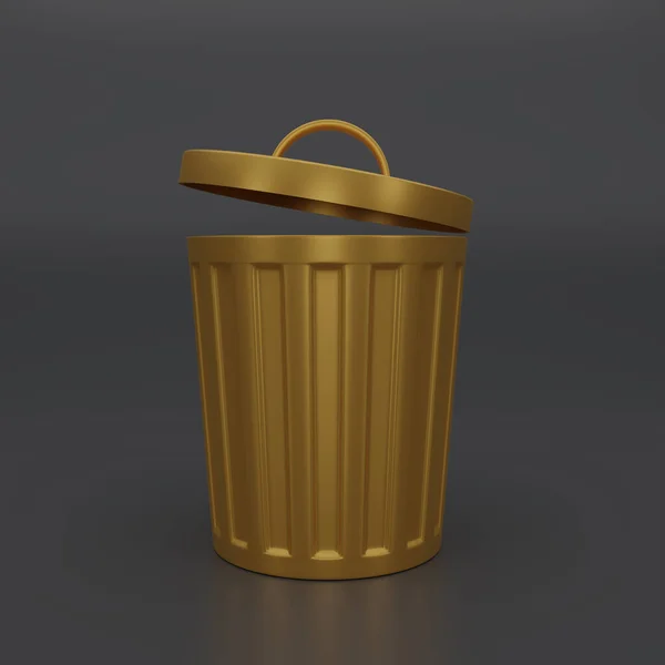 3Dレンダリング空の金黄色のゴミアイコン黒の背景に漫画の最小限のスタイル 環境の概念 廃棄物 ごみ箱アイコンのシンボル 3Dレンダリング図 — ストック写真