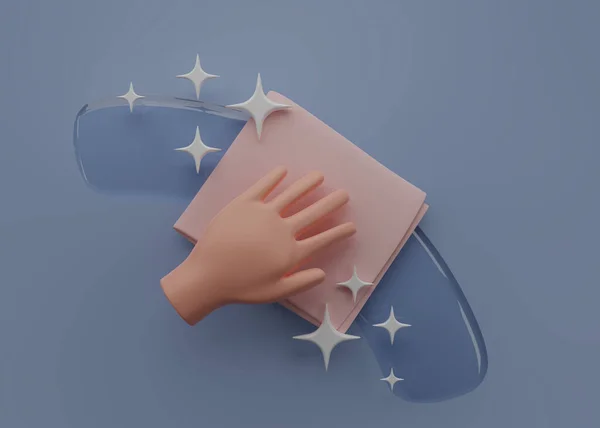 手握毛巾图标家政 蓝色底座上的手工清洁 清洁餐巾纸色标 3D渲染符号 窗户清洁布 表面擦拭 3D渲染 — 图库照片