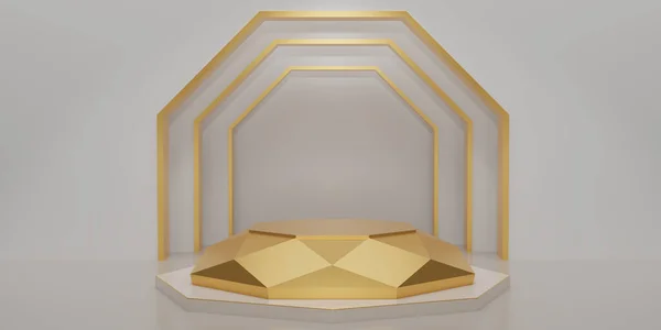 金六角形立方体 金钻石基座平台 底部白色大理石在白色房间 概念场景展示 化妆品 3D渲染 — 图库照片