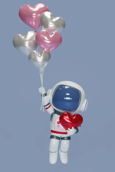 Render Astronaute Tient Plusieurs Ballons Forme Cœur Astronaute Personnage Bande — Photo