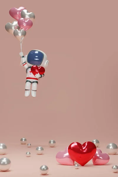 一个宇航员拿着几个心形气球 卡通人物宇航员带着一颗小小的红心漂浮在太空中 复制空间 3D渲染说明 — 图库照片