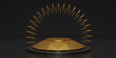 3D işlemeli altın altıgen küp, siyah zemin üzerine mermer serpiştirilmiş altın elmas kaide kürsü. Konsept sahne gösterisi, ürün, promosyon satışı, afiş, sunum, kozmetik. 3B görüntüleme