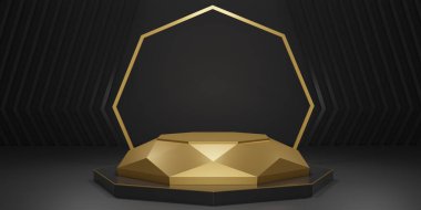 3D işlemeli altın altıgen küp, siyah zemin üzerine mermer serpiştirilmiş altın elmas kaide kürsü. Konsept sahne gösterisi, ürün, promosyon satışı, afiş, sunum, kozmetik. 3B görüntüleme