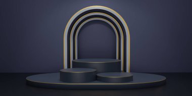 Mavi stüdyo arkaplanındaki parlak mavi yuvarlak kaide. Ürünleri göstermek için boş ya da temiz oda. Podyum gösterisi ya da vitrin için minimalist bir model. 3 Boyutlu resimleme.