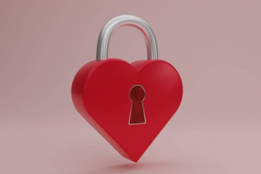 Pembe arka planda 3 boyutlu kırmızı metal kalp şeklindeki asma kilit simgesi izole edildi. Minimum kırmızı kilit kenarı görüntüsü. 3d resimleme.