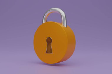 Üç boyutlu sarı metal asma kilit simgesi açık mor arkaplanda izole edilmiş. Minimum morumsu kilit. 3d resimleme.