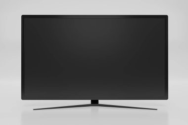 Gerçekçi TV ekranı. TV düz ekran LCD, plazma gerçekçi illüstrasyon, 4k monitörü beyaz arkaplanda izole. Siyah LED televizyon. Modern boş ekran. 3 Boyutlu resimleme.