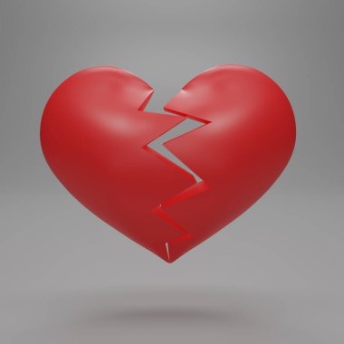 3 boyutlu yazı tipi, Kırık Kalbin beyaz arka planda izole edildiğini gösteriyor. Kırmızı kalp kırıklığı. İlişki ayrılığı sorunu, aşk konseptinde hayal kırıklığı. 3B resimleme.