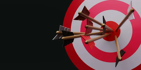 3D render close-up of Arrows hitting the center of the target on a dartboard on black background. Minimal target with arrows. Business finance target concept. 3d rendering illustration.