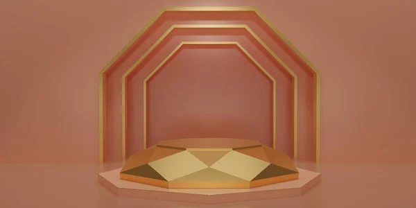 金六角形立方体 金黄色菱形基座平台在明亮的橙色房间 概念场景橙色舞台展示 化妆品 3D渲染 — 图库照片