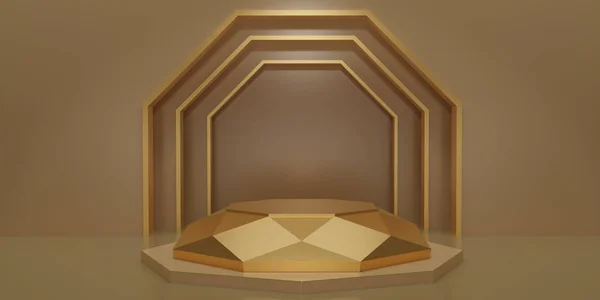 黄金六角形立方体 黄金钻石基座平台在金室 概念场景黄色舞台展示 化妆品 3D渲染 — 图库照片