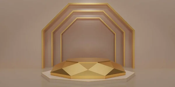 金六角形立方体 金色钻石基座平台 底部有白色大理石在米黄色房间 概念场景展示 化妆品 3D渲染 — 图库照片