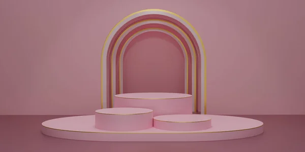 粉红圆形底座的粉红工作室背景 用于展示产品的空白显示屏或净化室 平台展示或展示的最低限度模型 3D渲染说明 — 图库照片